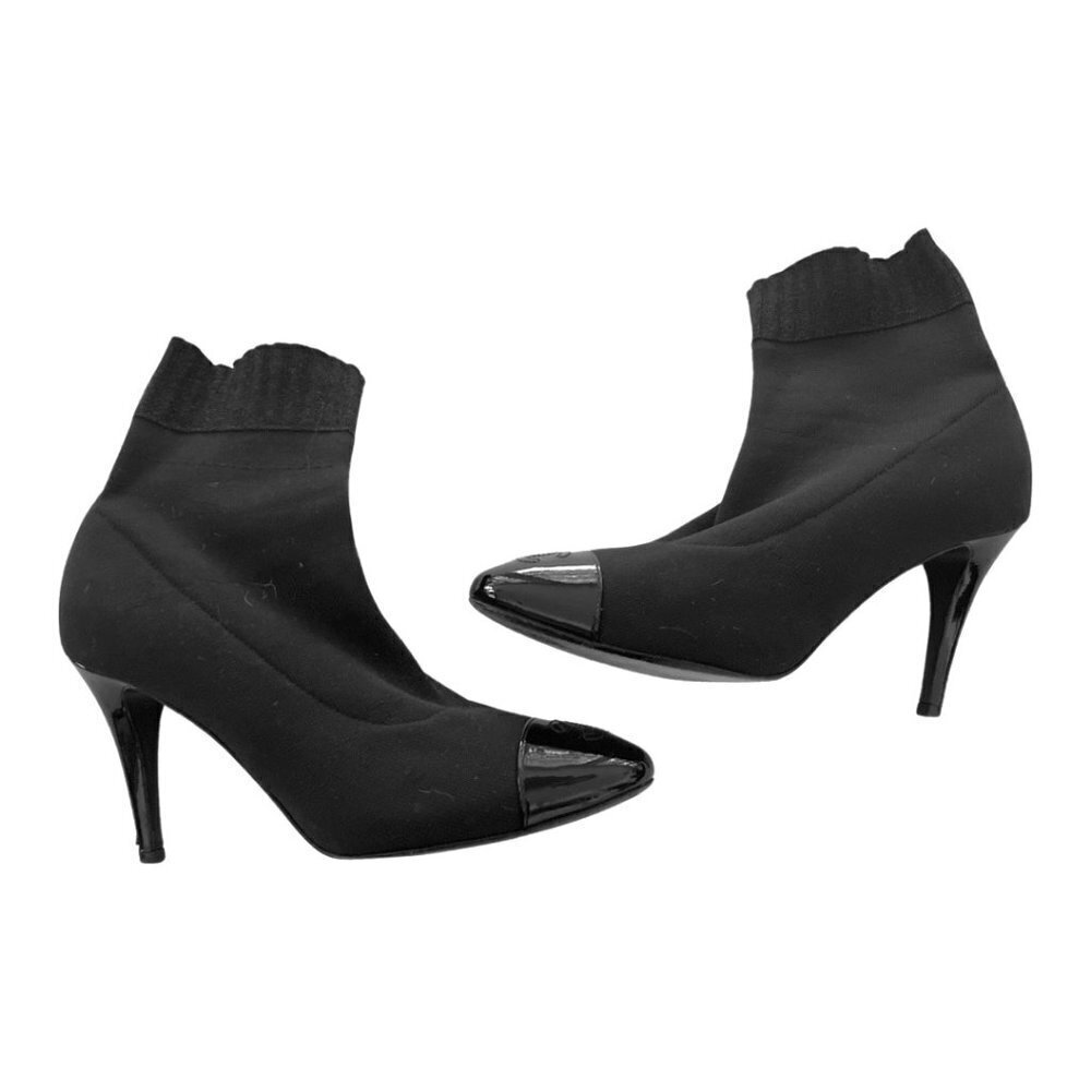 Chanel black knit fabric and patent tip ankle boots size 37.5 C - Picture 2 of 9